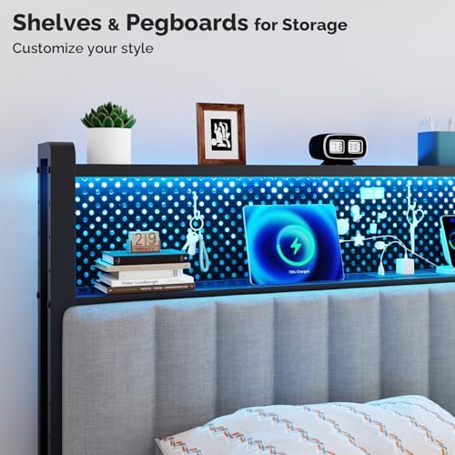 VINGLI Queen Size Headboard Only, Adjustable Upholstered Headboard with 2 Tier Shelves and Pegboard with Charging Stations and LED Lights, Modern Bed Headboard with Storage for Bedroom Decor