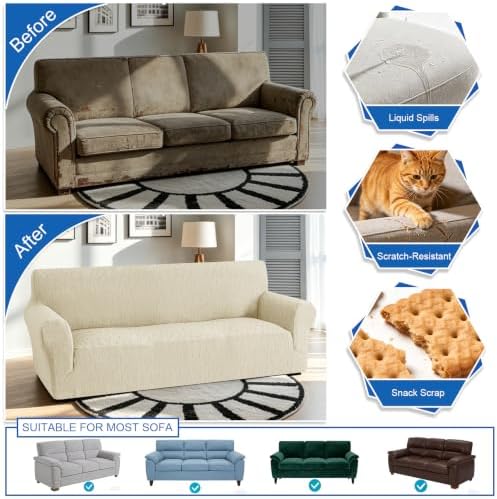 MAXIJIN Waterproof Oversized Couch Covers (91"-110"), Stretch Extra Large Sofa Cover Slipcovers with Non Slip Elastic Bottom, Pet Friendly Furniture Protector Washable (X-Large, Beige)