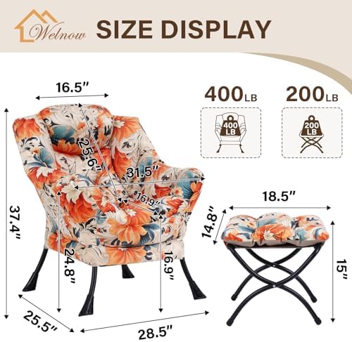 Welnow Lazy Chair with Ottoman, Reading Chair with Footrest,Orange Blue