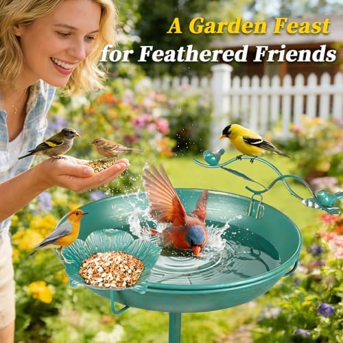 Mellbree Bird Bath for Outside 12", Metal Freestanding 12" Dia 39" H Lake Blue Gold Gilding Birdbath with Perch & Feeder Bowl, Multi-Functional for Garden Patio Yard Lawn Outdoor Decor