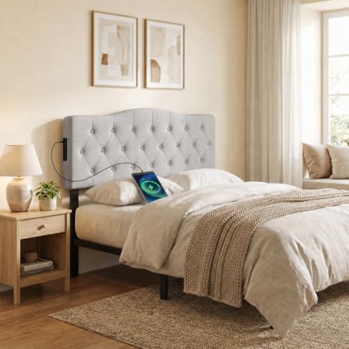 KOMFOTT Modern Headboard with Charging Station for Queen & Full Bed, Gray