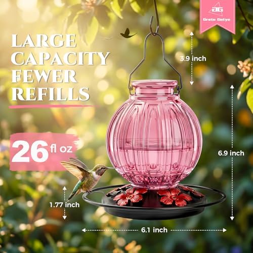 Glass Hummingbird Feeder for Outdoors Hanging, 26 fl oz Bird Nectar Feeder