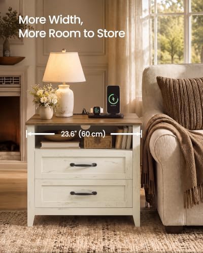 VASAGLE Farmhouse Nightstand with Charging Station, 2 Drawers, Open Shelf