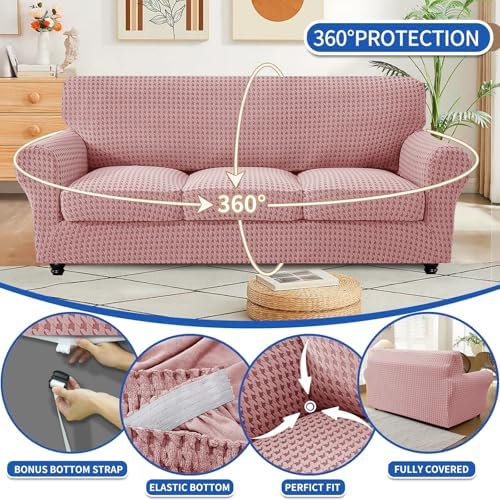 MAXIJIN 4 Pieces Stretch Oversized Couch Covers for 3 Cushion Sofa Covers Washable Sofa Slipcovers Thick Soft Furniture Protector with Non Slip Strap (Pink), 91"-110"(3 XL Cushions)