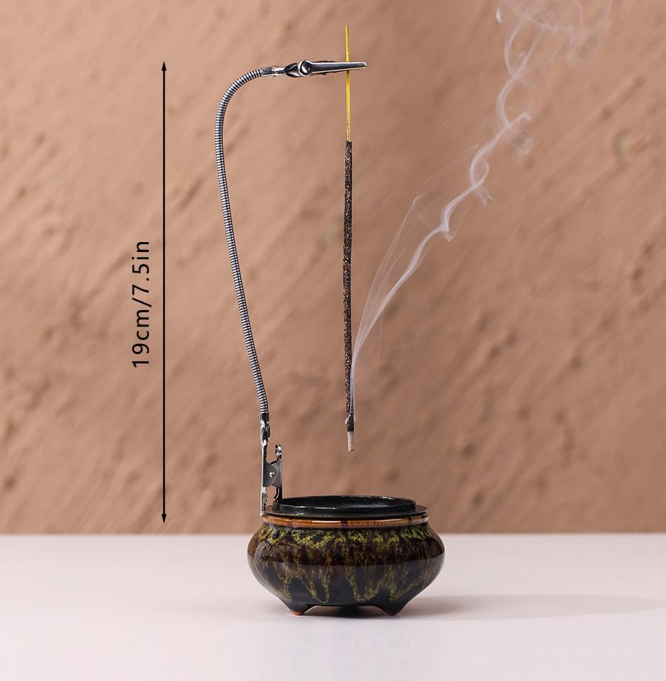 Incense Burner with Calabash Incense Stick Holder - Porcelain Charcoal Censer for Use with Resin Granular Powder Cone or Coil Incense (Fambe Green)