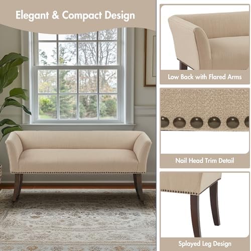 Madison Park Accent Bench, Upholstered with Nailhead Trim, & Padded Seat Entryway Bench Small, End of Bed Bench with Back, 49.5" W x 19.25" D x 23" H, Tan