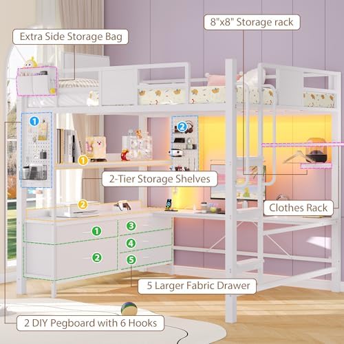 Full Size Loft Bed with Desk and 5 Storage Drawers, White