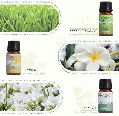 SALUBRITO Spring Fragrance Oils Set, Premium Essential Oils for Diffuser, Candle, Soap Making, After Rain, Gardenia, Fresh Cut Grass, Ocean Breeze, Freesia, Rose Geranium, Strong Scented Oils