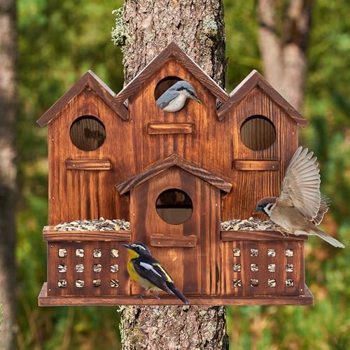 MIXUMON Bird House Outdoor with Feeder, 6-Room Wooden Birdhouse for Outdoors & Outside, Carbonized Pine Wood Bird Houses with 1.57” Entrance & Easy Clean-Out Doors (Natural Wood Door)