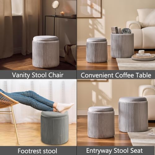 BLEXA Set of 2 Round Storage Ottoman Light Grey Velvet Ottoman with Storage