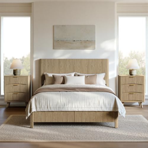 Evermagin Queen Bedroom Set, Platform Bed Frame & 3-Drawer Nightstands, Oak