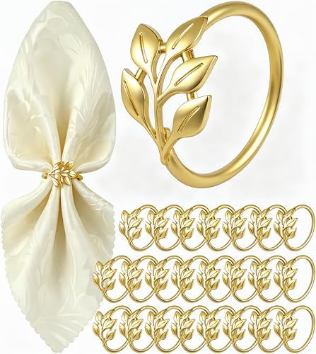 Gold Napkin Rings Set of 24, Solid Zinc Alloy Leaf Table Decor