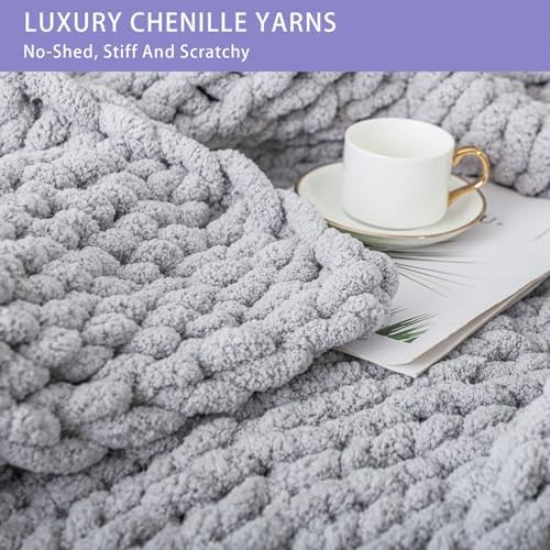 Bigacogo Chunky Knit Throw Blanket for Couch, 40x40 inches, Light Grey
