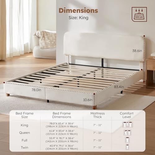 King Size Cloud Bed Frame, Boucle Wood Upholstered Platform Bed, Cream