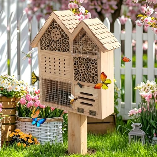 Large Wooden Insect Hotel for Outdoors - Waterproof Bee House & Butterfly Habitat with Bamboo Tubes and Pine Cones-Garden Insect for Mason Bees, Ladybugs, and Beneficial Bugs-House Shape