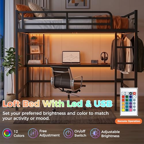 Queen Loft Bed with Desk, USB Charging Station, LED Light and 2 Storage Shelves, Metal Heavy Duty Queen Size Loft Bed for Adults, Teens, No Box Spring Needed, Black