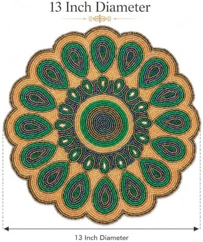 ALPHA Living HOME 13 Inch Round Beaded Placemat, Green Gold Table Decor Mat