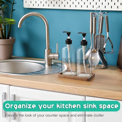ALELION Glass Soap Dispenser with Pump - 16 OZ Clear Dish and Hand Soap Dispenser Set with Acacia Wood Tray for Kitchen Bathroom - Modern Liquid Pump Bottles