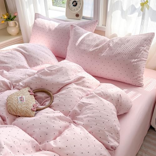 LifeTB Pink Duvet Cover Set Full Size, 100% Muslin Cotton Polka Dot Duvet Cover with 2 Pillowcases, Breathable Soft All Seasons Gauze Comforter Cover, Aesthetic Coquette Bedding Set for Girls