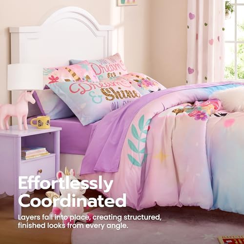 Joiedomi Kids Comforter Set Bedding Set for Boys Girls Super Soft Microfiber Bed in a Bag with Comforter Sheets Pillowcase Sham, Pink Purple Unicorn, Twin