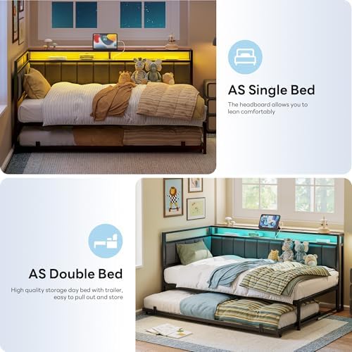LIKIMIO Twin Daybed with Trundle, Charging Station & LED, Black