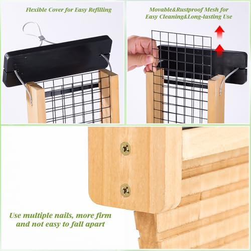 Gbekery Wooden Double Suet Feeder with Tail Prop for Outside, Black Roof