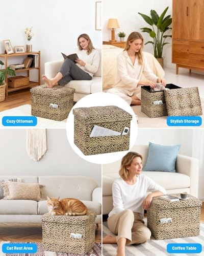 Bsketa Storage Ottoman Bench, 17" Folding Velvet Foot Rest,Leopard Print