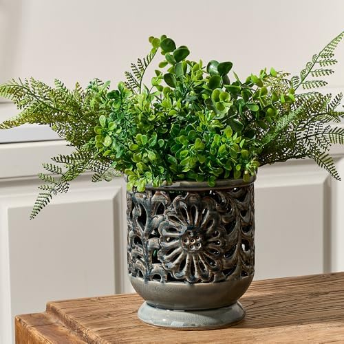 Farmhouse Kitchen Utensil Holder for Countertop, Ceramic Large Cooking Utensil Crock with Cork Mat, Decorative Rustic Utensil Holder for Kitchen Counter, Hollow Carving Flower, Gray