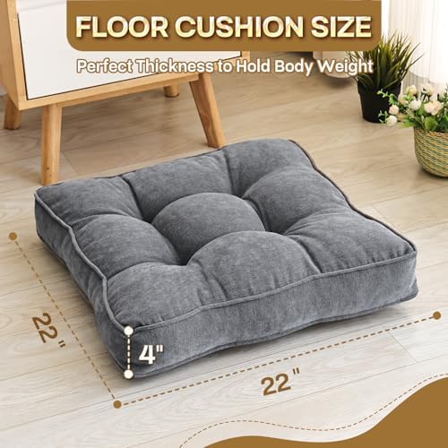 MIDDLE ONE Floor Pillow Set of 2, Memory Foam Cushion 22x22 – Square, Grey