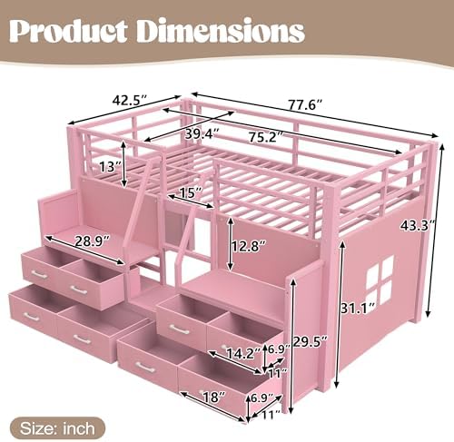 Bellemave Low Loft Bed Twin Size with Storage Shelves & Fabric Drawers, Metal Twin Loft Bed for Kids with LED Lights & Under-Bed Play Area, Low Loft Bed Frame for Bedroom, No Box Spring Needed, Pink