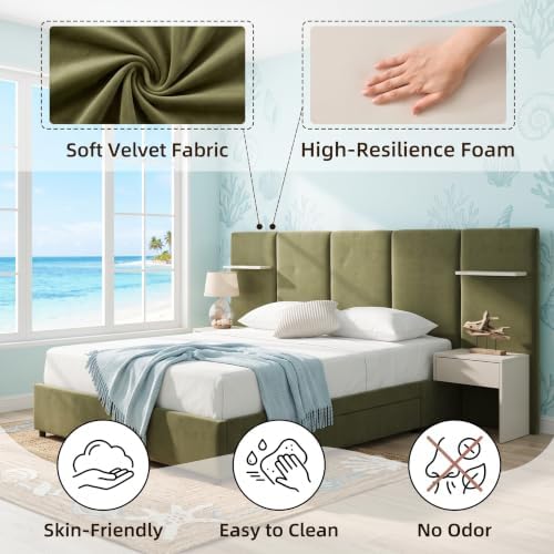 Queen Bed Frame with Storage & Built-in Nightstands & Drawer, Grayish Olive