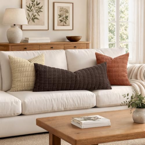 MIULEE Lumbar Corduroy Throw Pillow Cover for Bed 14x36 Dark Brown