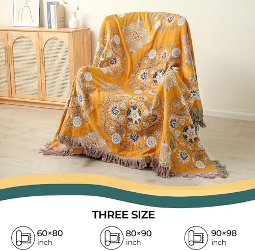 Yellow Floral Rustic Boho Blanket for Bed Couch Travel 60''x 80''