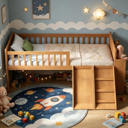 SOFTSEA Twin Size Low Loft Bed with Slide and Guardrails, Wood Loft Bed Frame with Storage Shelves for Kids, Natural