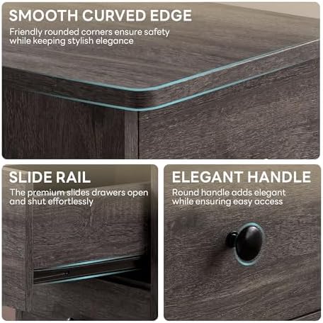 LIKIMIO Nightstand with Charging Station, 3 Drawers Modern for Bedroom