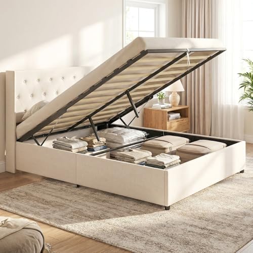 GIANTEX Queen Size Lift Up Storage Bed, Modern Linen Upholstered Platform w/Button Tufted Wingback Headboard & Hydraulic Support, Queen Bed Frame with Storage, No Box Spring Needed (Beige)