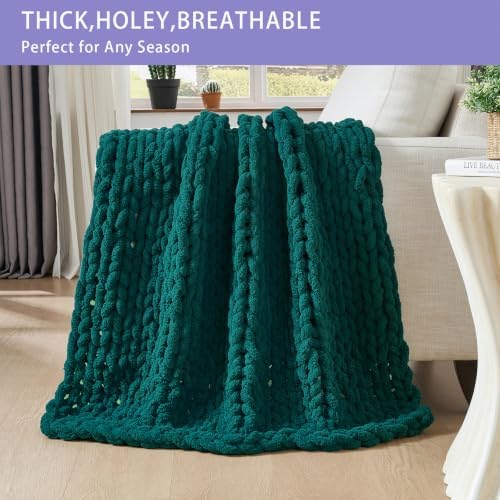Bigacogo Chunky Knit Throw Blanket for Couch, 51x63 inches, Dark Green