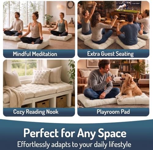 Large Floor Pillow for Adults, Square Meditation Cushion, 22 Inch Beige