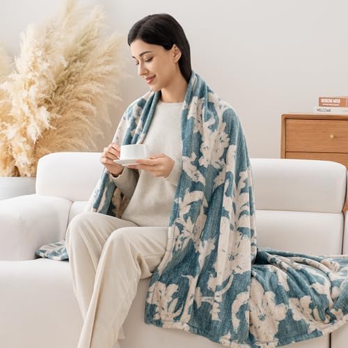 Luxury Printed Fleece Warm Throw Blanket, Soft Lightweight Velvety Plush Throw for Couch and Bed, Cozy Comfy for All Seasons(Blue Floral Silhouette, 50×70 Inches)