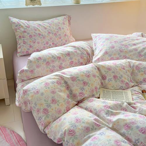 Floral Twin Bed Duvet Cover Boho Pattern Comforter Cover Twin Cotton Double Gauze Cottage Zipper Duvet Cover Set with 2 Pillowcases Flower Farmhouse Bedding Set for Girls Duvet Protector