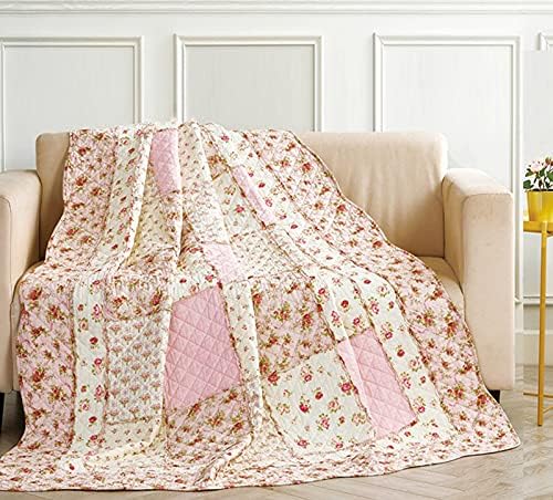 Cozyholy Original 100% Cotton Quilt Pink Floral Patchwork Quilts Quilted Throw Blanket, Reversible Bedspread Coverlet Vintage Shabby Chic Cottage Bedding Quilt for Bed Couch Sofa