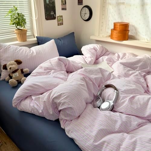 AOJIM Cottage Striped Twin XL Duvet Cover Set - Lilac & Green Stripes Bedding Duvet Cover with Zipper Closure & 2 Pillowcases, Soft Washed Microfiber Retro Vintage Bedding Set 3-Piece for All Seasons
