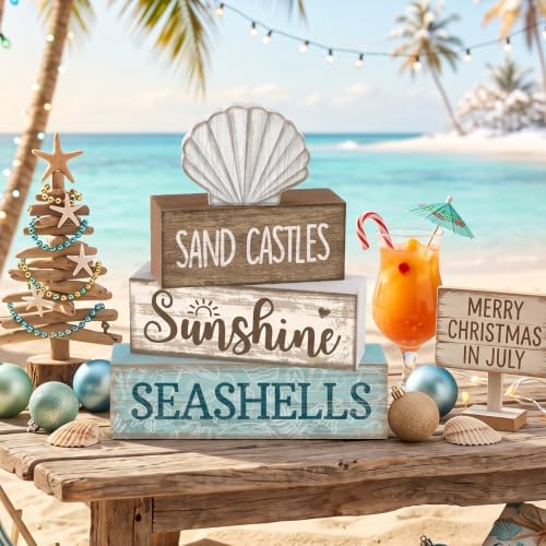 Yuntau 4 Pcs Summer Decorations for Home Beach Block Sign Seashell Display