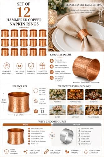 Round Hammered Napkin Rings Set of 12, Napkin Rings Bulk, Serviette Adornment for Table Settings, Modern Napkin Holder for Dinner Table Decor, Weddings, Christmas, Holiday, Banquets, Party, Easter