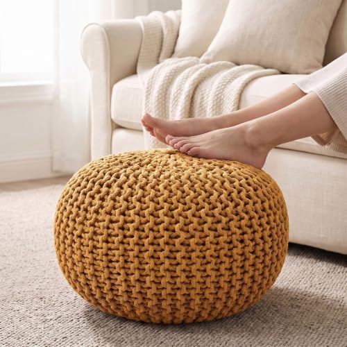 · REDEARTH · Round Pouf Ottoman - Hand Knitted Boho Poof Footrest - Mustard