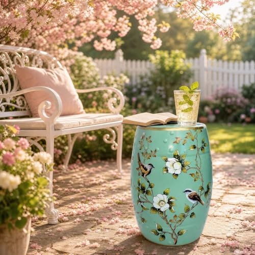 Ceramic Garden Stool, Oriole Among Azaleas Green Decor