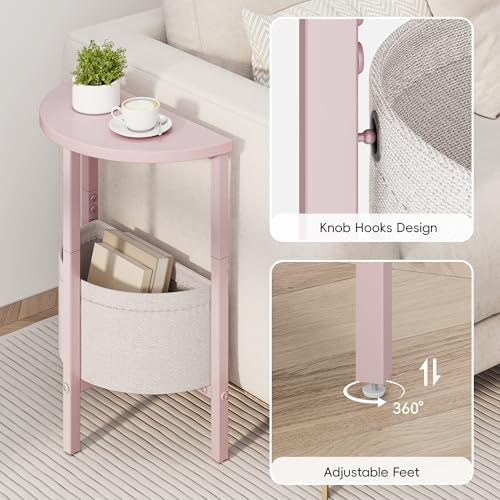 Vagusicc Small Round Side Table, Accent End Table with Storage Basket, Set of 2 Half Round Coffee Table End Table, Half Moon Bedside Table, Modern Nightstand Couch Table for Living Room Bedroom, Pink