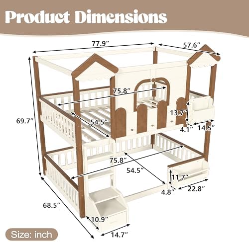 Full Over Full Size House-Shaped Wooden Bunk Bed Frame with Storage Bookshelf & Drawer & Roof & Windows, Detachable Design Bunk Bed, No Box Spring Required, Easy Assembly, for Bedroom, Beige