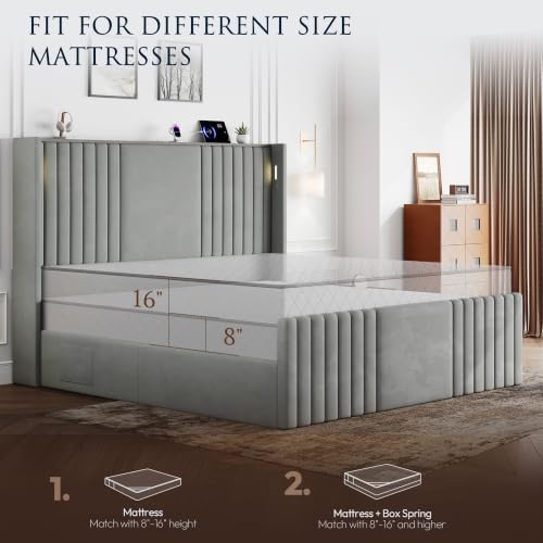 55" Tall King Size Platform Bed Frame with 2 Reading Lights, Grey