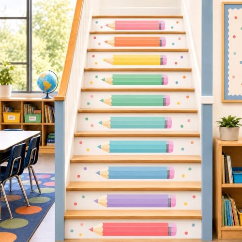 Cinrobiye 12 Pcs Pastel Pencil Classroom Stair Decals, Wall Stickers for Back to School Decor, Teacher Classroom Decorations for Kindergarten, Nursery, Door, Wall, Bulletin Board and Learning Spaces